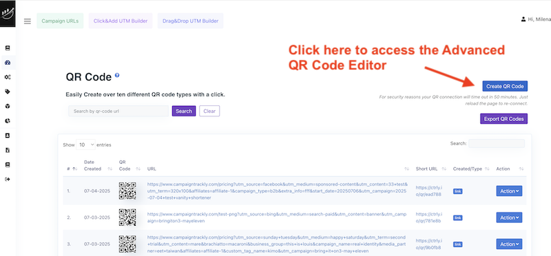 Access the advanced QR Code Editor from the Blue Button